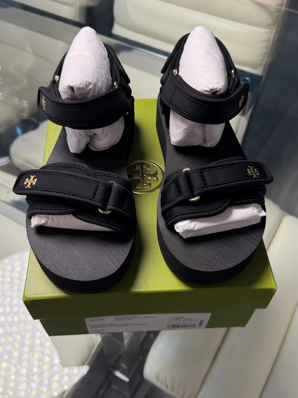 Tory Burch Black Platform Sandals with Gold Logo